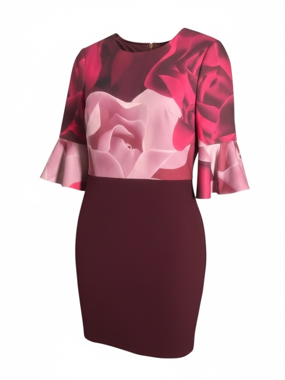 Ted Baker Burgundy and Pink Floral Bell-Sleeve Sheath Dress, Bodycon